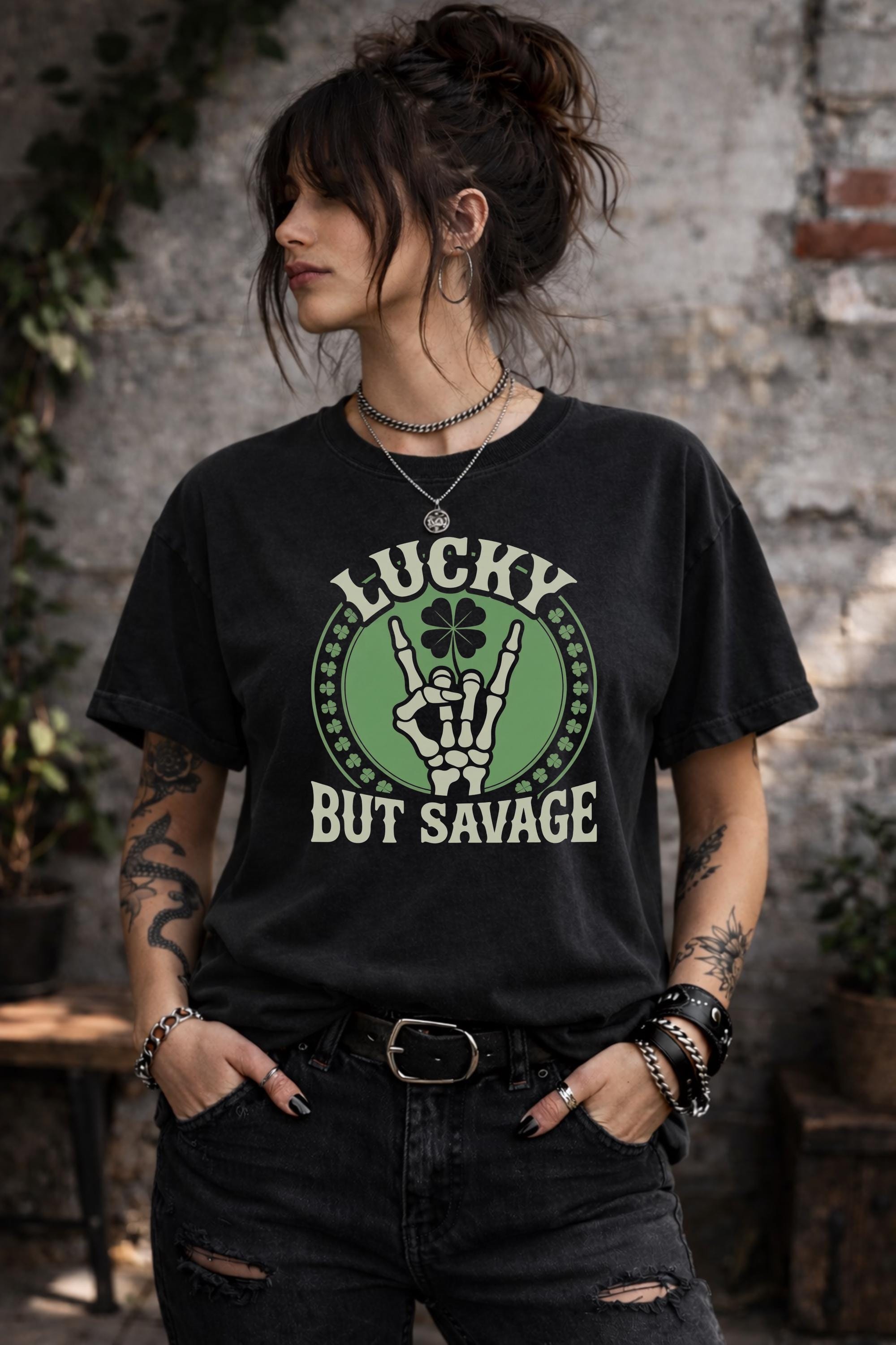 Lucky But Savage Shirt, Funny St Patricks Day Shirt, Skeleton Hand Clover Tee, Irish Humor Shirt, Lucky Rebel Graphic Tee