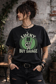 Lucky But Savage Shirt, Funny St Patricks Day Shirt, Skeleton Hand Clover Tee, Irish Humor Shirt, Lucky Rebel Graphic Tee