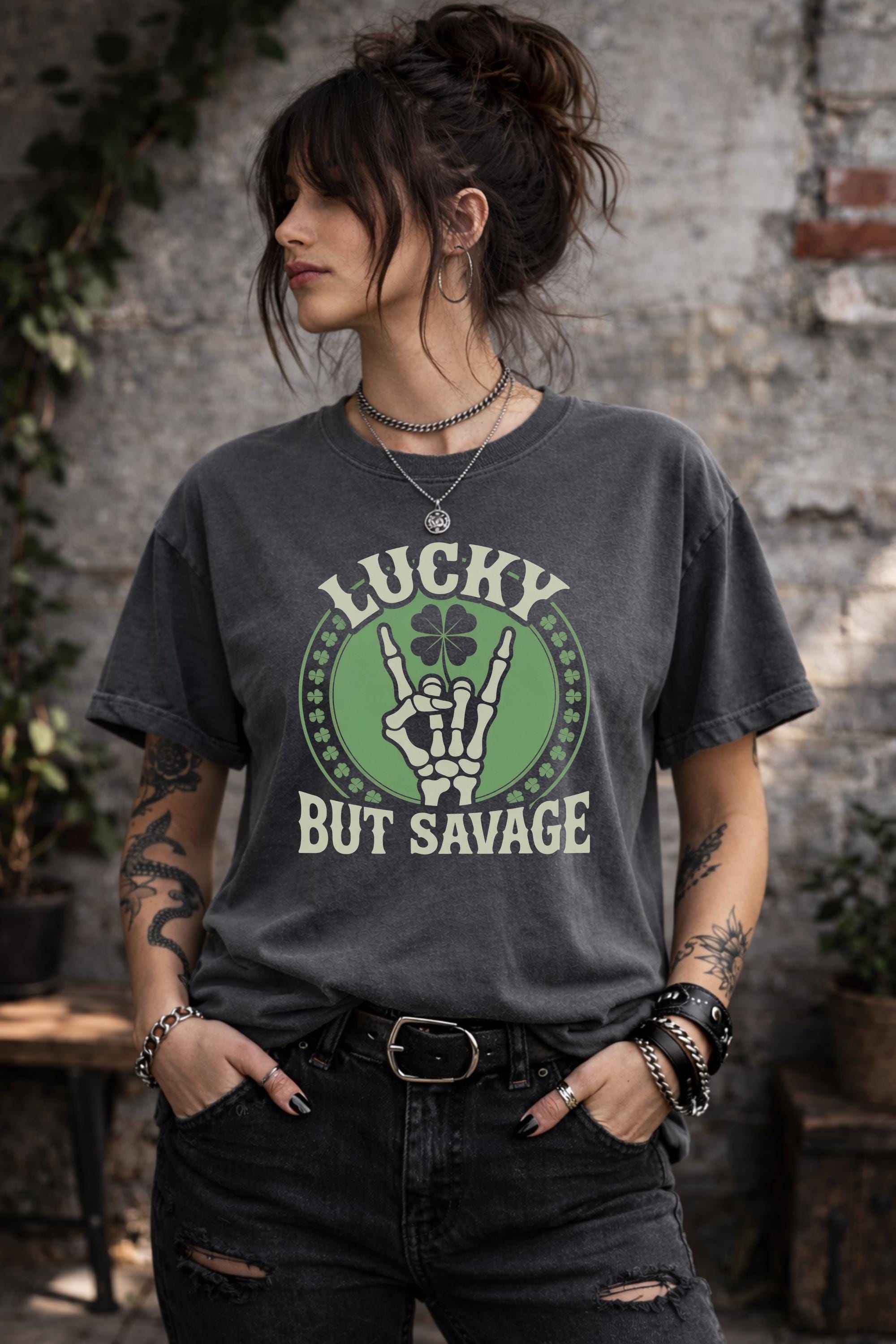 Lucky But Savage Shirt, Funny St Patricks Day Shirt, Skeleton Hand Clover Tee, Irish Humor Shirt, Lucky Rebel Graphic Tee