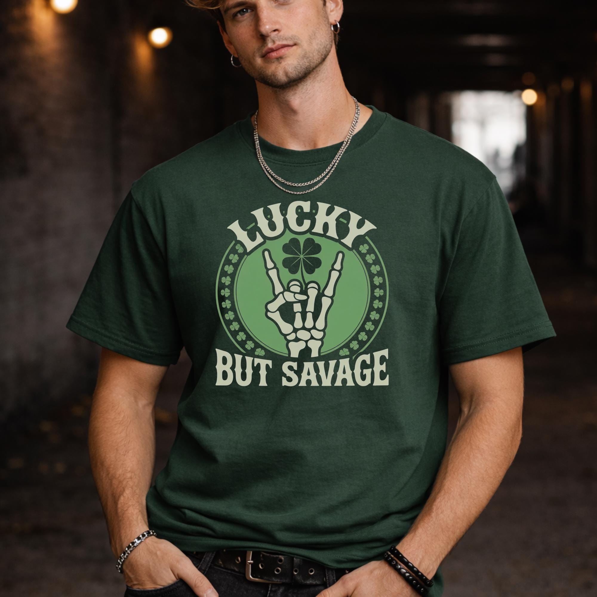 Lucky But Savage Shirt, Funny St Patricks Day Shirt, Skeleton Hand Clover Tee, Irish Humor Shirt, Lucky Rebel Graphic Tee