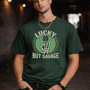 Lucky But Savage Shirt, Funny St Patricks Day Shirt, Skeleton Hand Clover Tee, Irish Humor Shirt, Lucky Rebel Graphic Tee