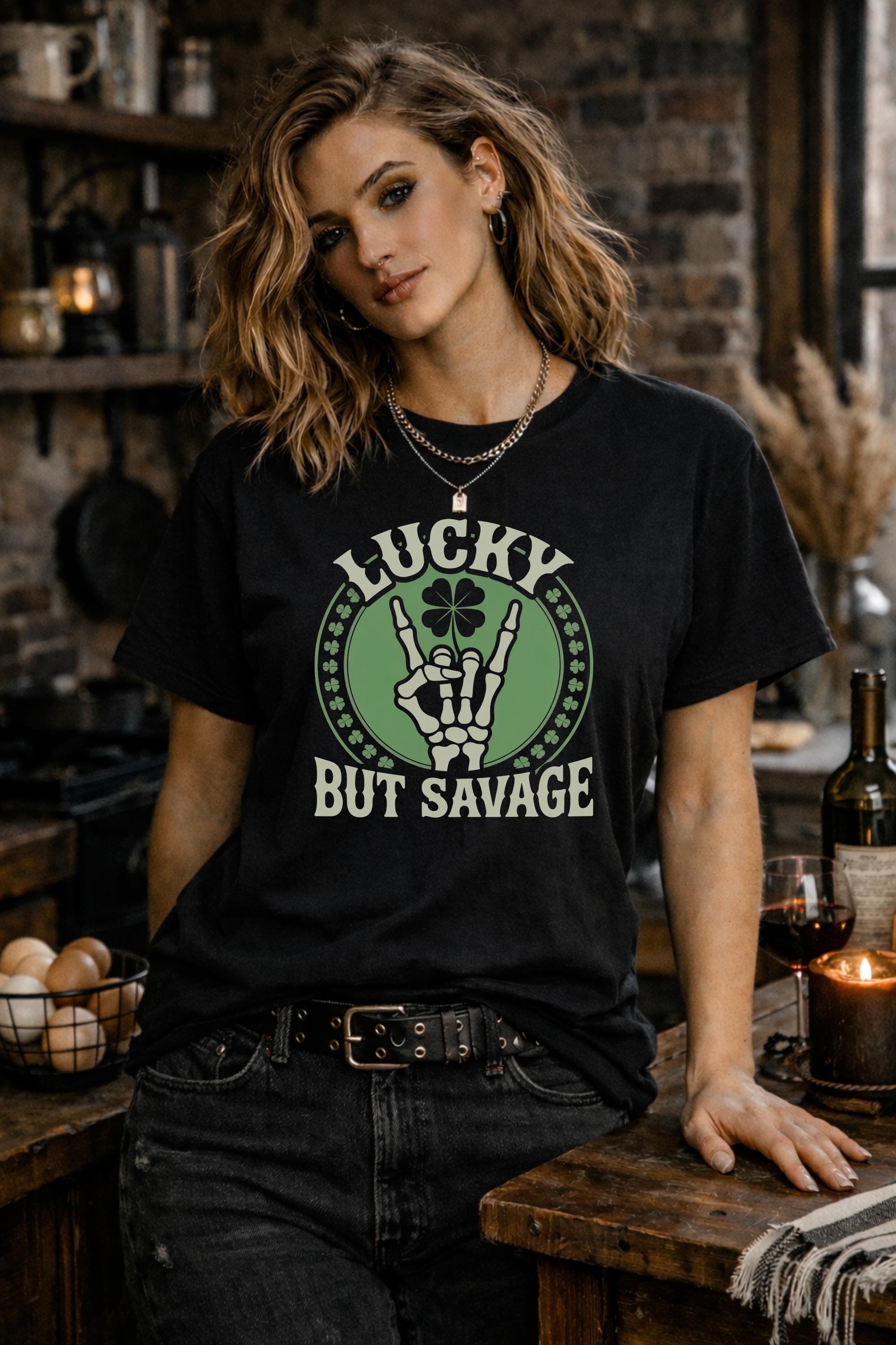 Lucky But Savage Shirt, Funny St Patricks Day Shirt, Skeleton Hand Clover Tee, Irish Humor Shirt, Lucky Rebel Graphic Tee