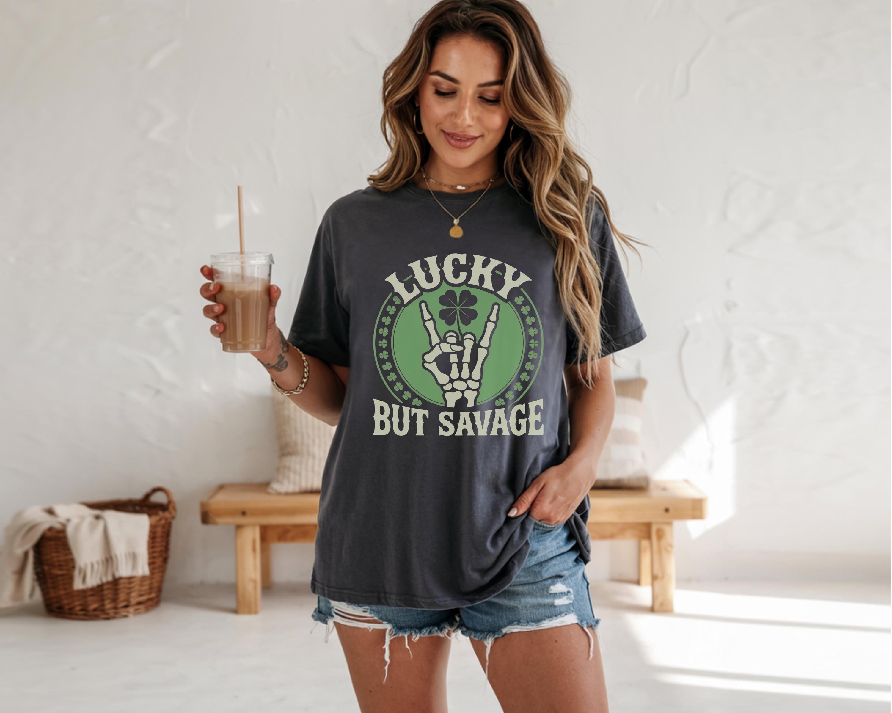 Lucky But Savage Shirt, Funny St Patricks Day Shirt, Skeleton Hand Clover Tee, Irish Humor Shirt, Lucky Rebel Graphic Tee
