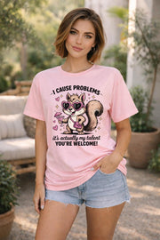 Funny squirrel graphic t-shirt with playful quote “I cause problems it’s actually my talent,” featuring cartoon squirrel with sunglasses and cocktail, worn as a casual summer outfit.
