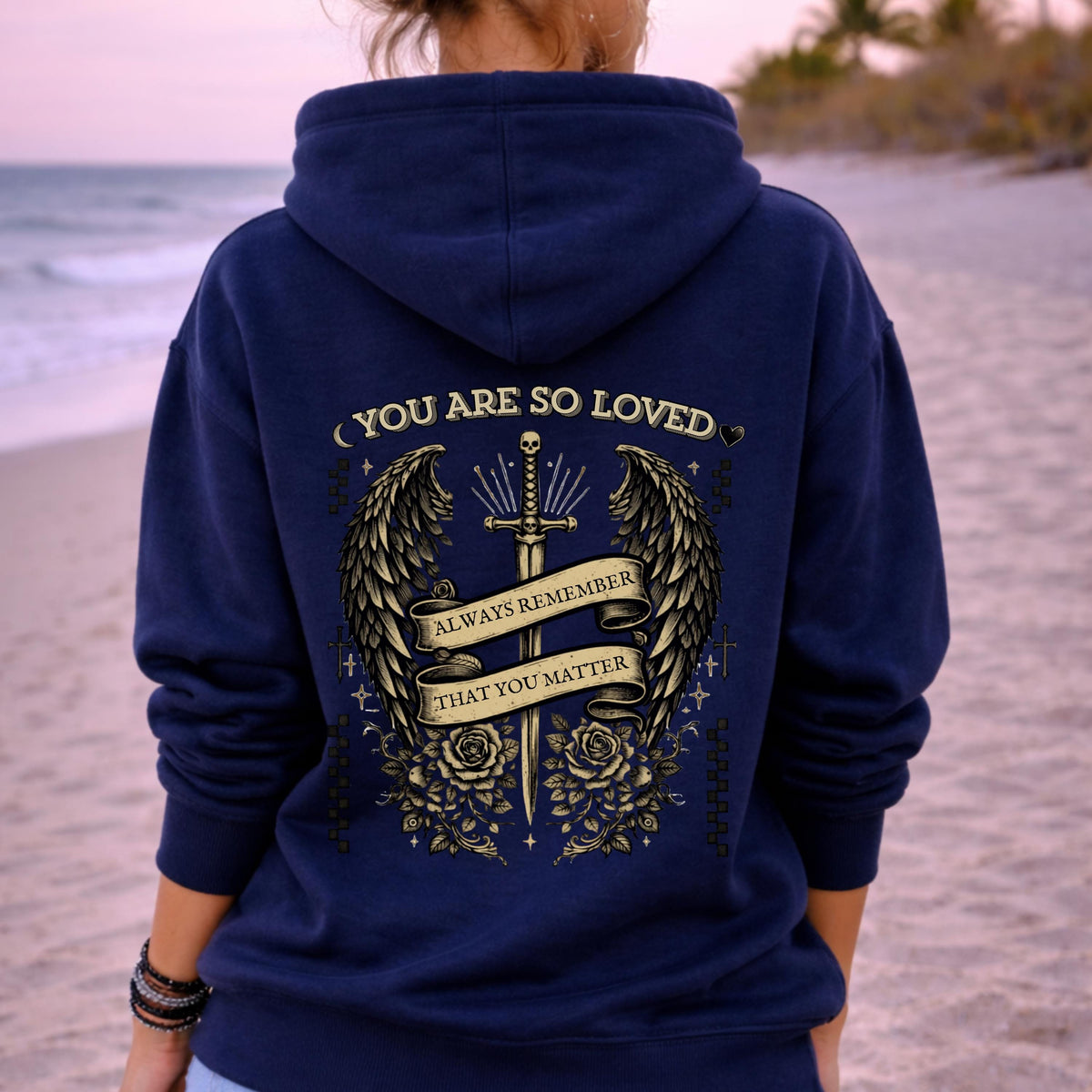 Back print gothic hoodie with bold serif typography and distressed texture