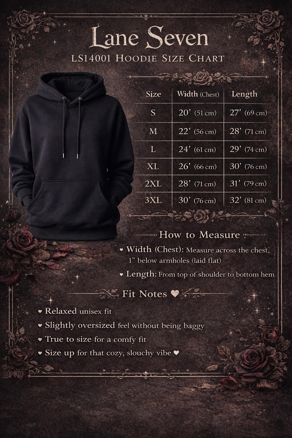Lane Seven's Size Chart for this Edgy mental health hoodie with dark romantic style artwork
