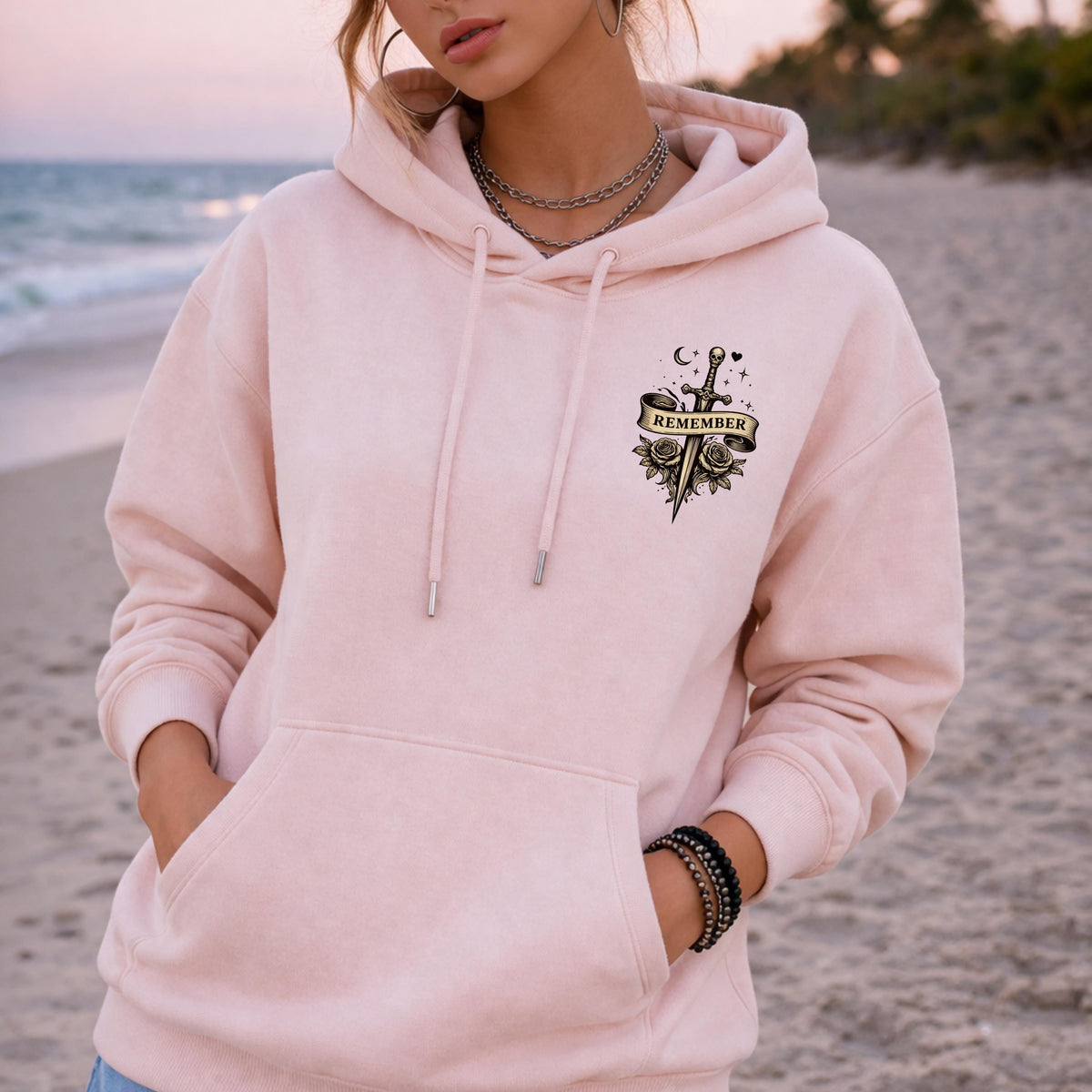 Minimal front chest gothic emblem with dagger and roses