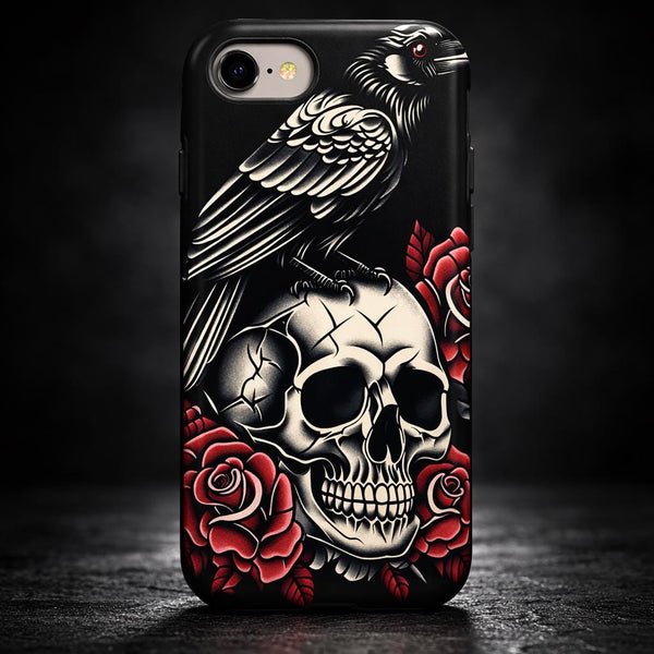 Gothic Raven Skull Phone Case, Tattoo Style Skull Rose Case, Dark Aesthetic Goth Phone Case, Alternative Punk Phone Cover