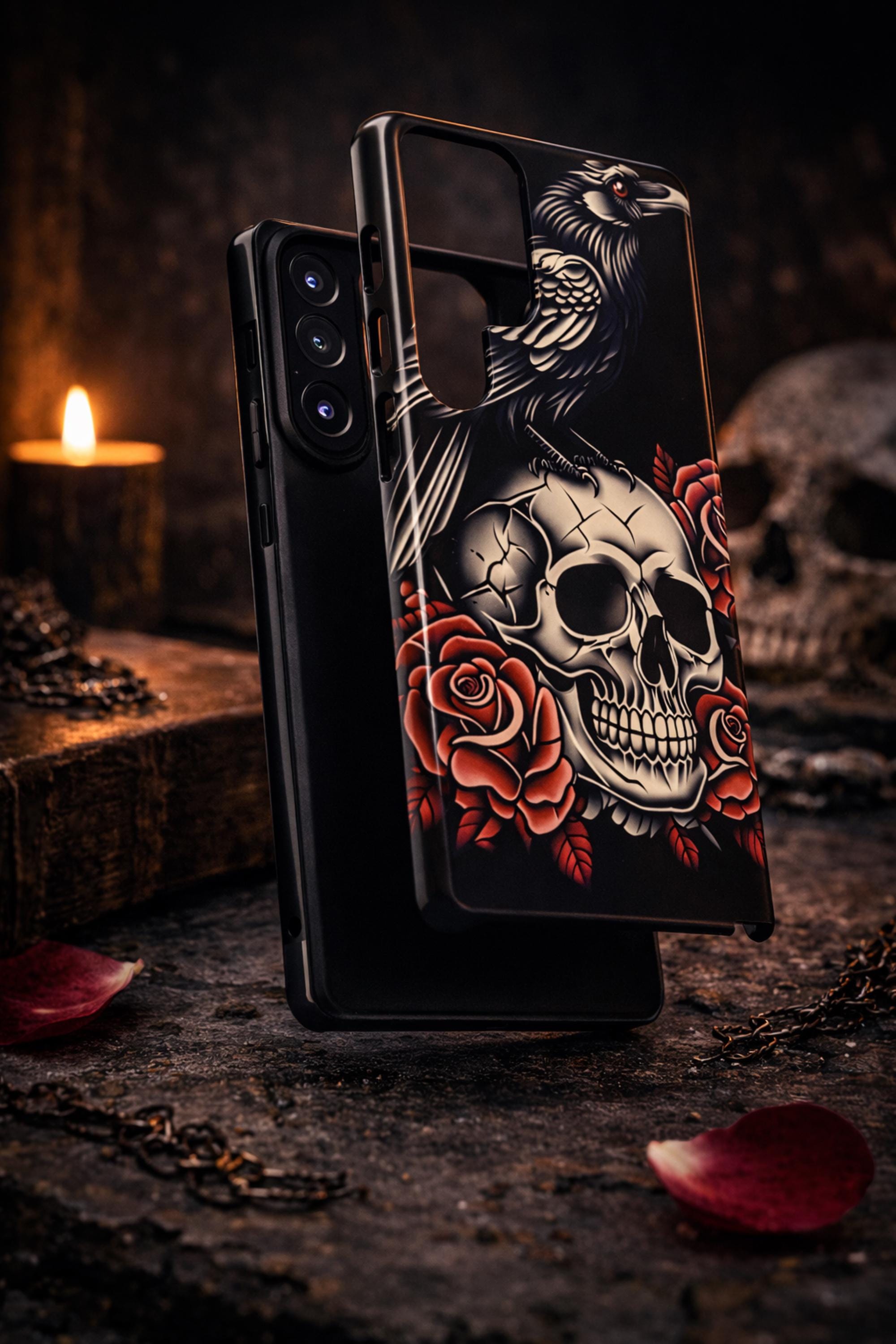 Gothic Raven Skull Phone Case, Tattoo Style Skull Rose Case, Dark Aesthetic Goth Phone Case, Alternative Punk Phone Cover
