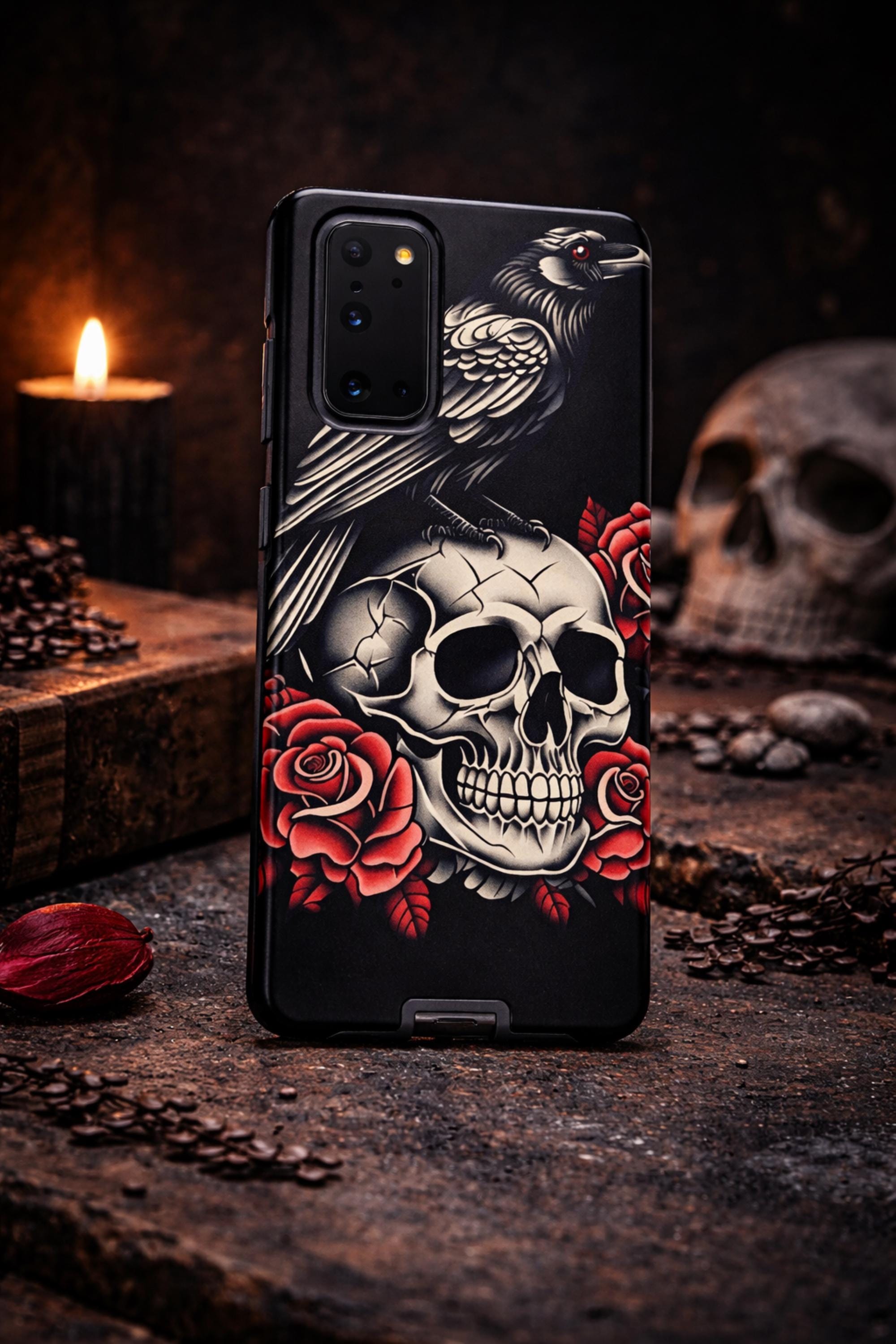 Gothic Raven Skull Phone Case, Tattoo Style Skull Rose Case, Dark Aesthetic Goth Phone Case, Alternative Punk Phone Cover