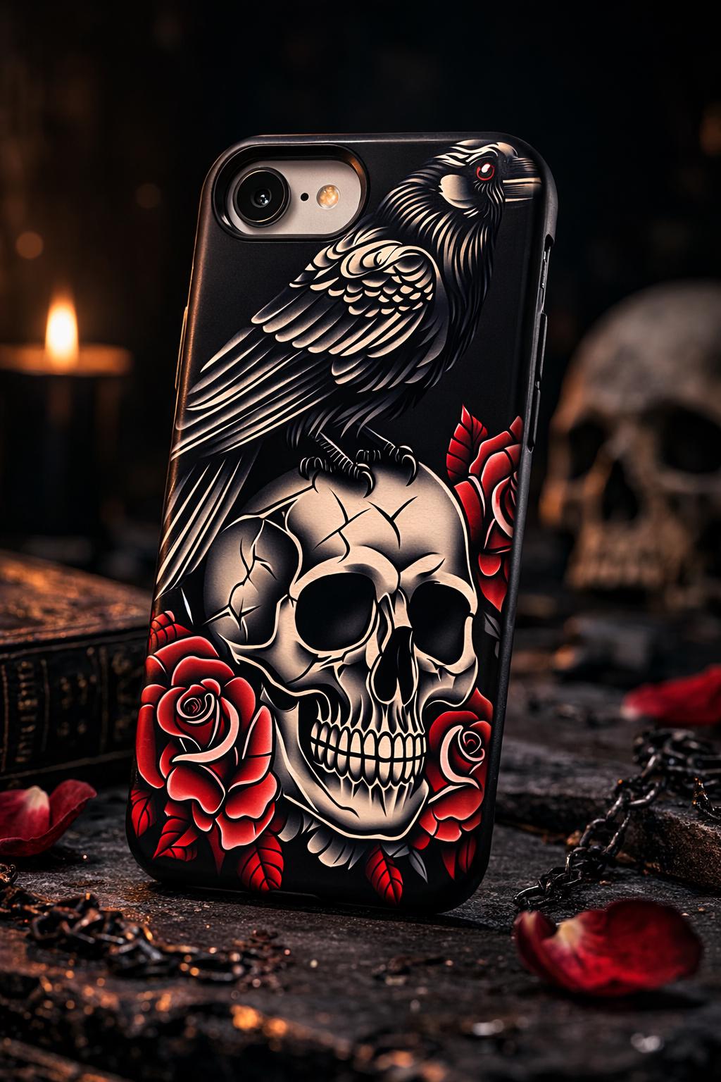 Gothic Raven Skull Phone Case, Tattoo Style Skull Rose Case, Dark Aesthetic Goth Phone Case, Alternative Punk Phone Cover