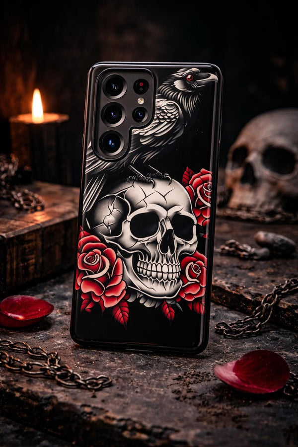 Gothic Raven Skull Phone Case, Tattoo Style Skull Rose Case, Dark Aesthetic Goth Phone Case, Alternative Punk Phone Cover