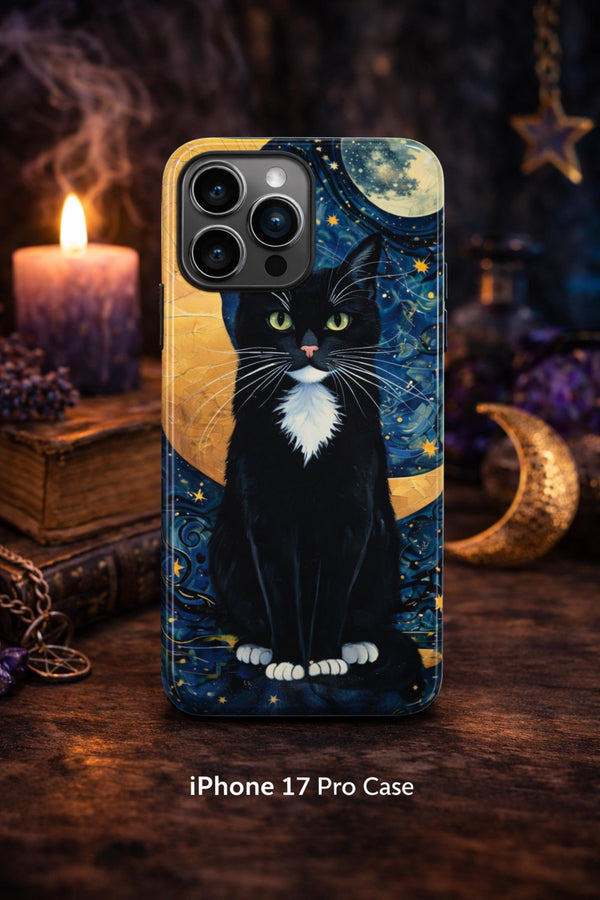 Black Cat Phone Case, Witchy Cat Phone Case, Moon Cat Case, Celestial Cat iPhone Case, Gothic Cat Samsung Case, Astrology Cat Pixel Case