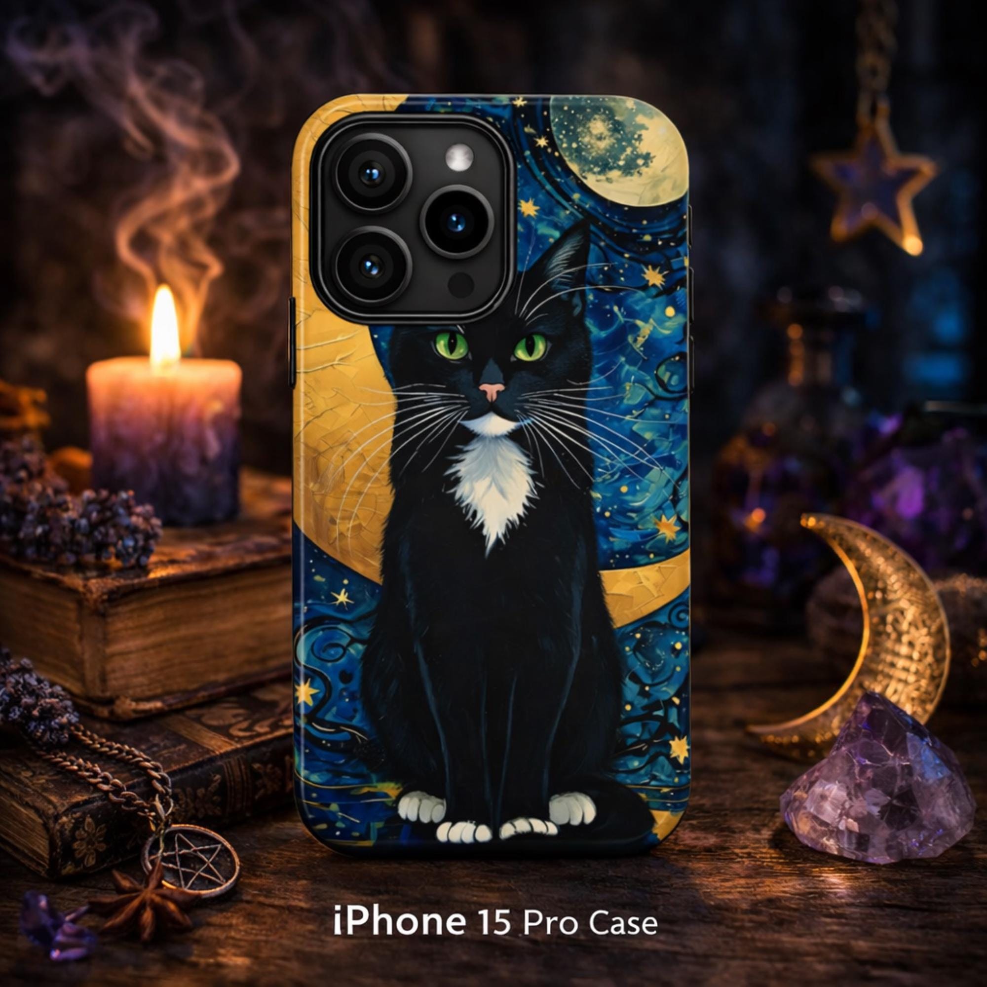 Black Cat Phone Case, Witchy Cat Phone Case, Moon Cat Case, Celestial Cat iPhone Case, Gothic Cat Samsung Case, Astrology Cat Pixel Case