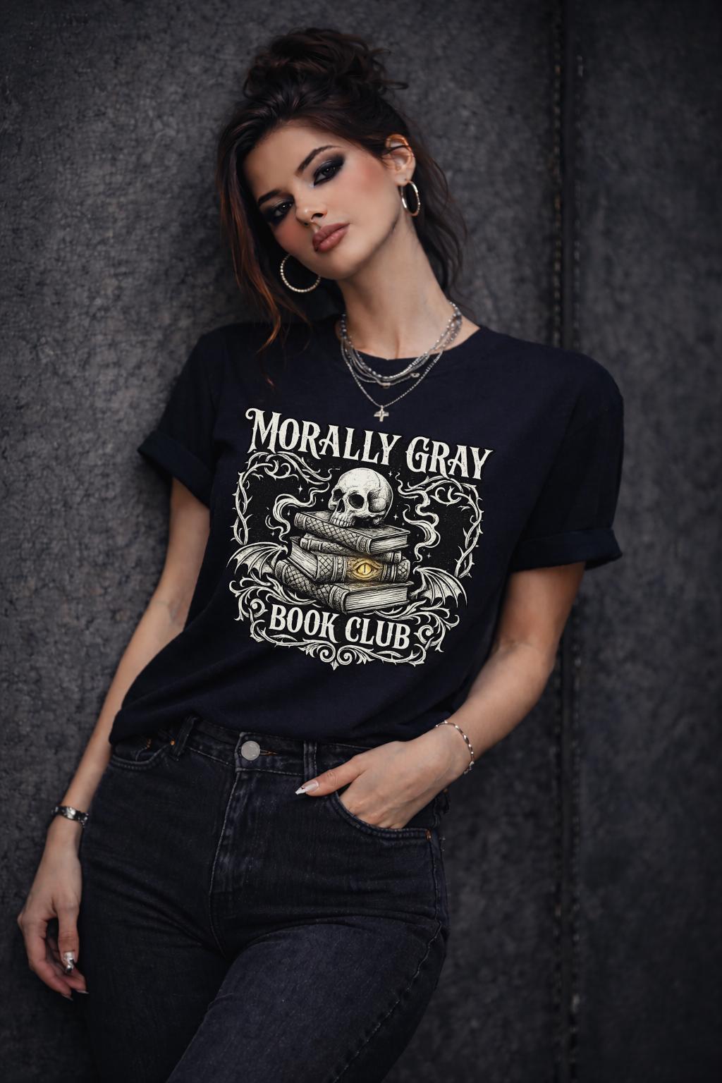 “Morally Gray Book Club” graphic tee with skull and stacked books in gothic dark academia style.