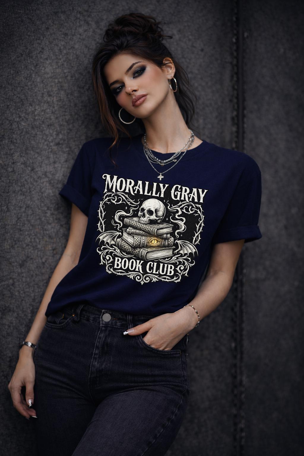 “Morally Gray Book Club” graphic tee with skull and stacked books in gothic dark academia style.