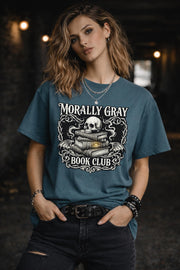 “Morally Gray Book Club” graphic tee with skull and stacked books in gothic dark academia style.