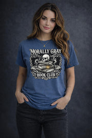 “Morally Gray Book Club” graphic tee with skull and stacked books in gothic dark academia style.