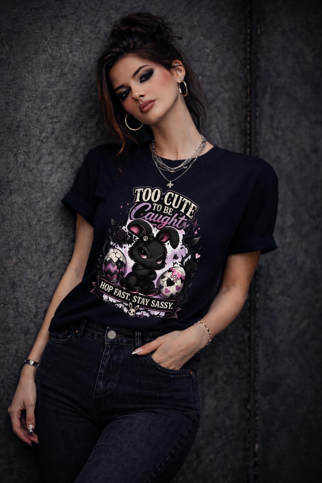 Woman wearing black graphic t-shirt with cute edgy bunny illustration and text Too Cute To Be Caught styled with denim jeans and accessories