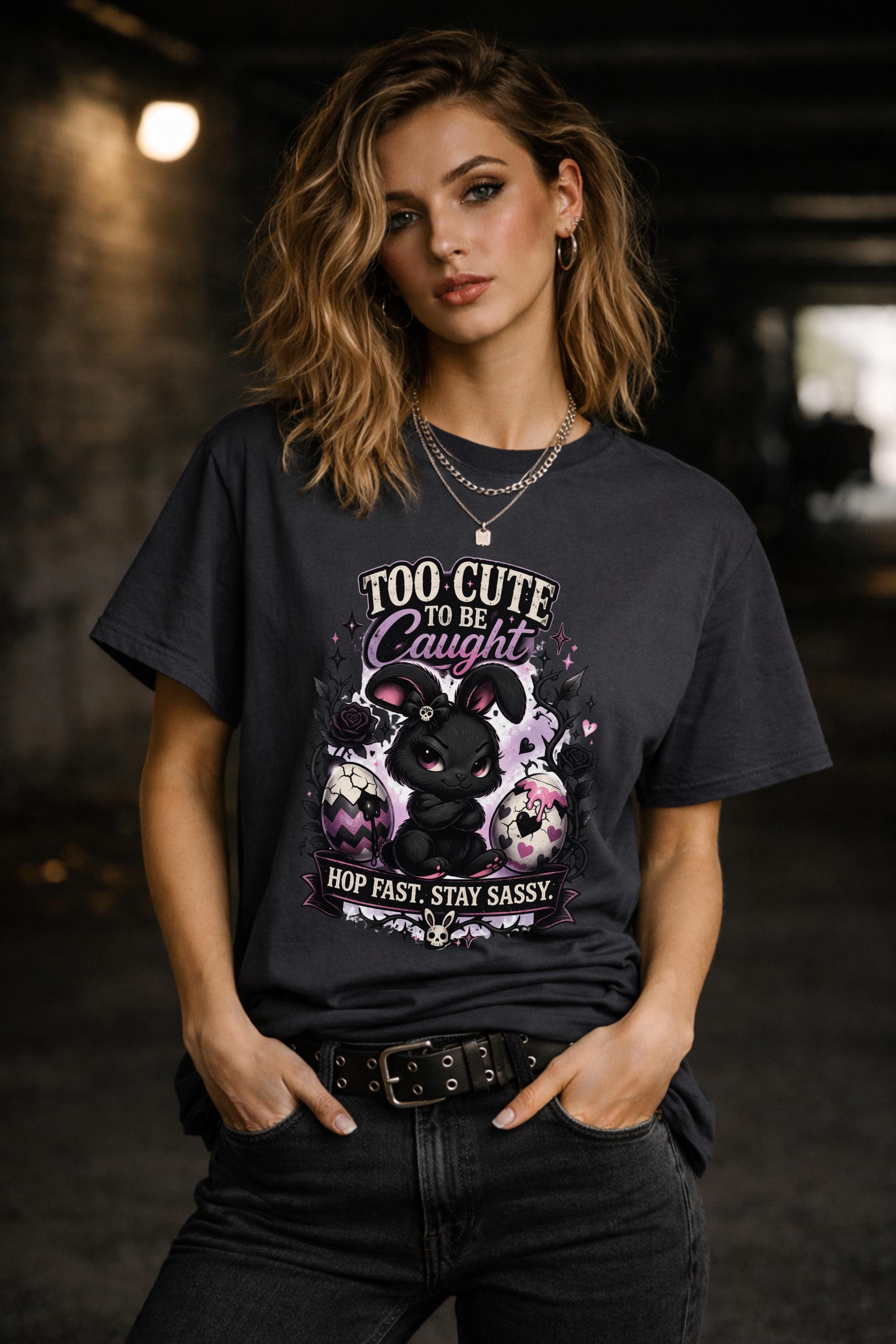 Woman wearing black graphic t-shirt with cute edgy bunny illustration and text Too Cute To Be Caught styled with denim jeans and accessories