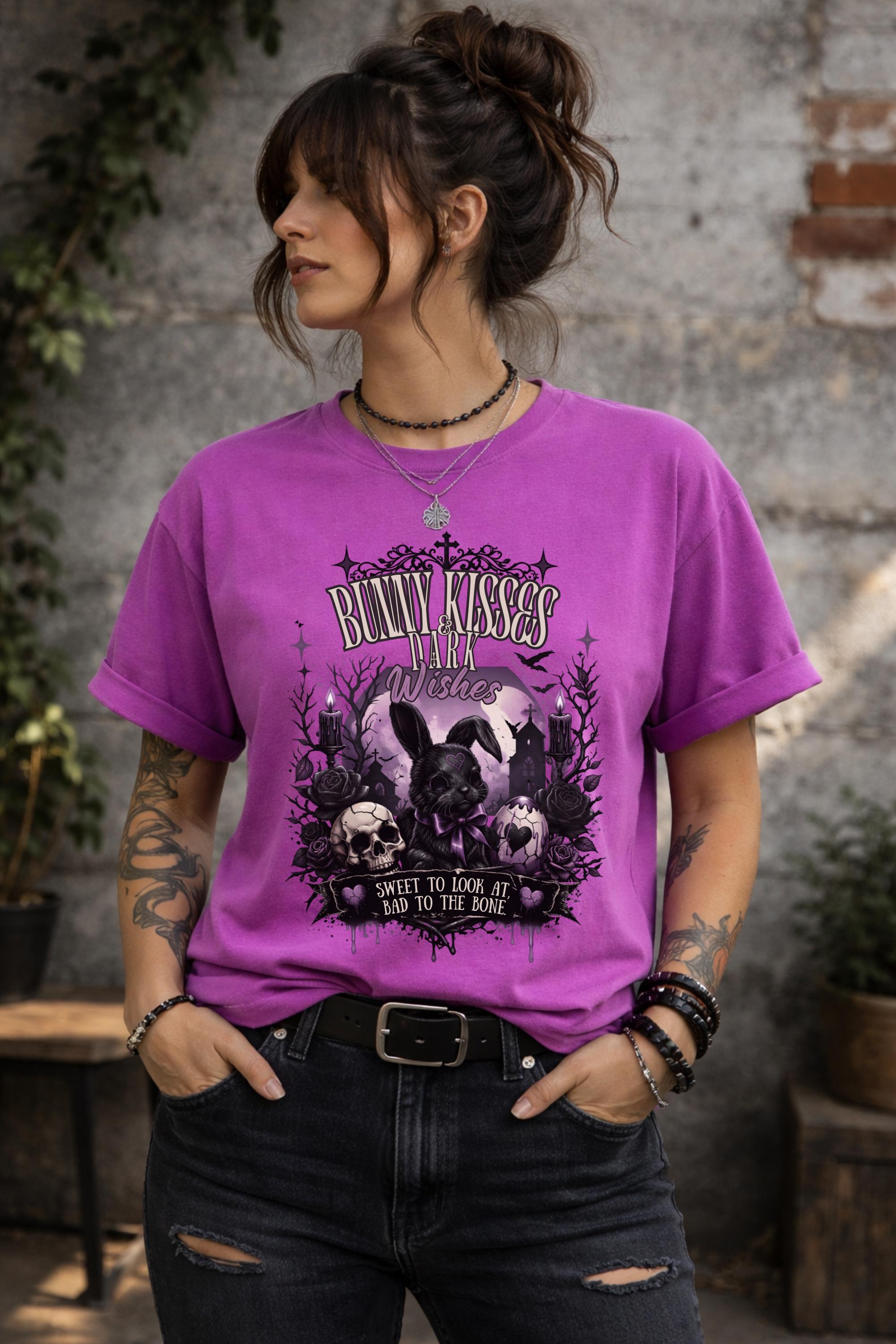 Woman wearing dark gothic bunny graphic t-shirt with text Bunny Kisses Dark Wishes Sweet To Look At Bad To The Bone styled with black jeans