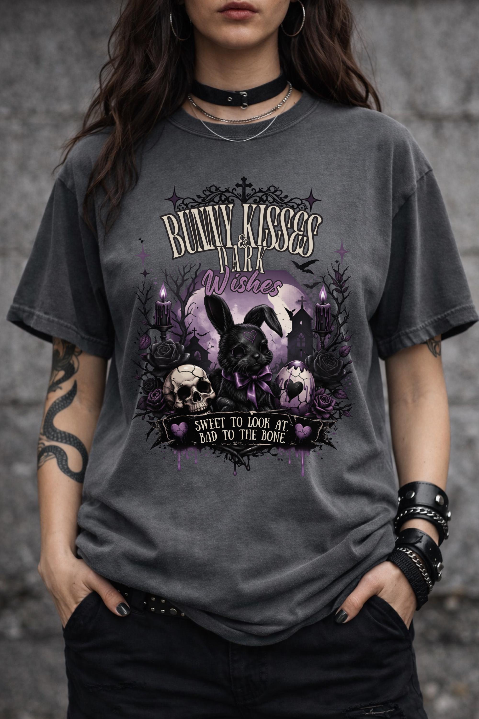Woman wearing dark gothic bunny graphic t-shirt with text Bunny Kisses Dark Wishes Sweet To Look At Bad To The Bone styled with black jeans