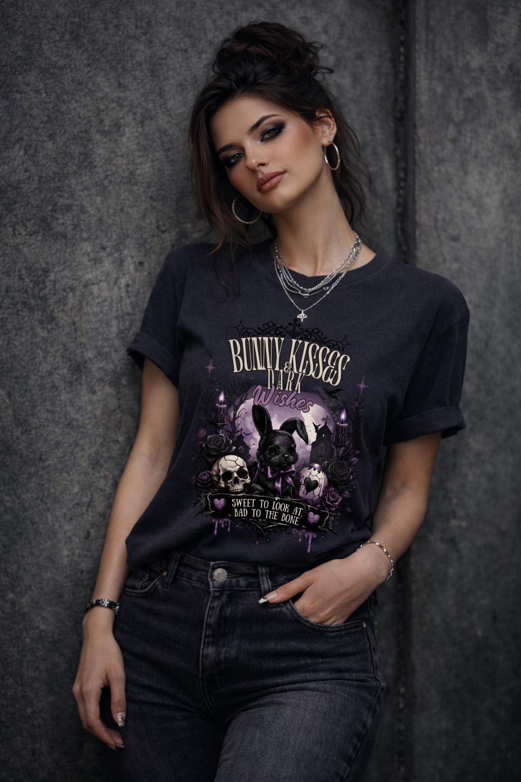 Woman wearing dark gothic bunny graphic t-shirt with text Bunny Kisses Dark Wishes Sweet To Look At Bad To The Bone styled with black jeans