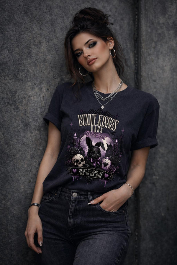 Woman wearing dark gothic bunny graphic t-shirt with text Bunny Kisses Dark Wishes Sweet To Look At Bad To The Bone styled with black jeans