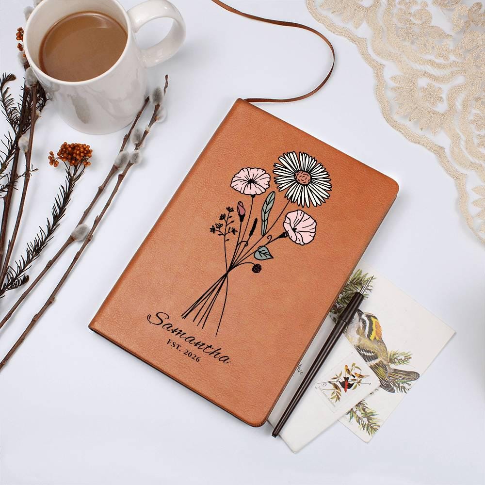 Personalized Floral Journal, Custom Name Notebook, Aesthetic Flower Journal, Gift for Her, Bridesmaid Gift, Custom Leather Notebook