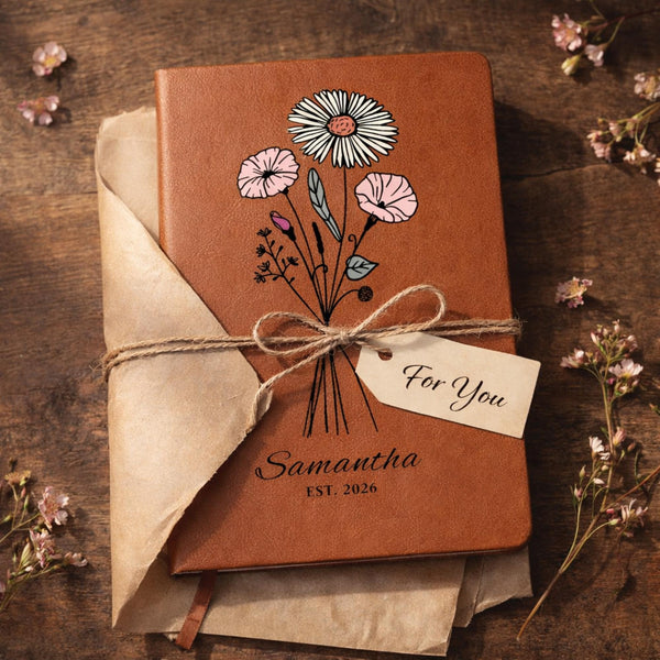 Personalized Floral Journal, Custom Name Notebook, Aesthetic Flower Journal, Gift for Her, Bridesmaid Gift, Custom Leather Notebook