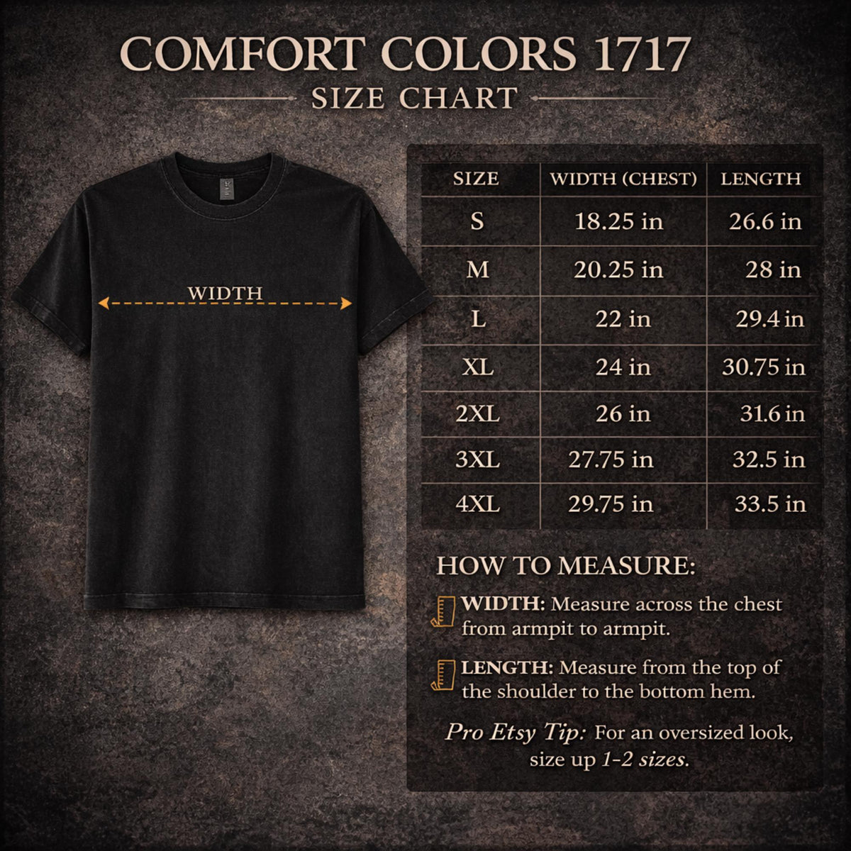 Size Chart for comfort color 1717 tshirt