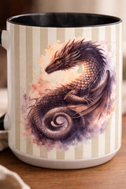 Fantasy dragon coffee mug with soft watercolor design and modern striped backdrop, gothic aesthetic drinkware