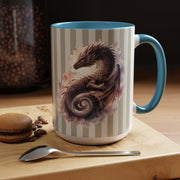 Mythical creature tea cup with dragon illustration, artistic watercolor style on glossy ceramic mug