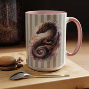 Dragon art mug with striped background, fantasy themed coffee cup for book lovers and gothic decor