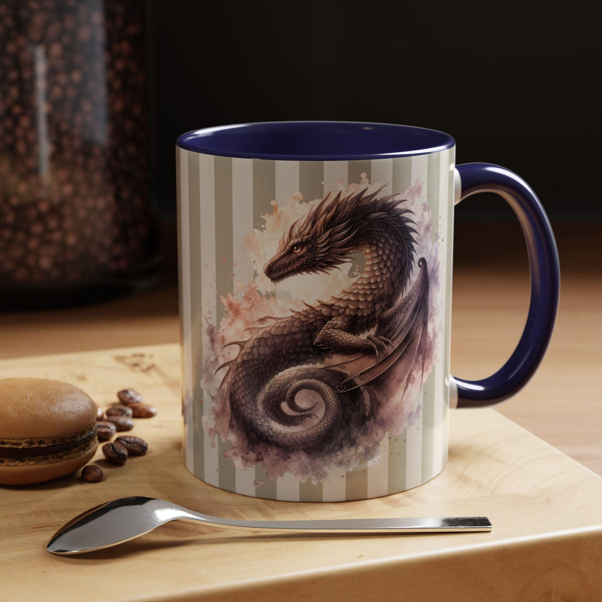 Gothic fantasy mug featuring dragon illustration and textured watercolor background on ceramic cup