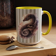 Dragon themed coffee mug with soft artistic splash effect and modern striped design