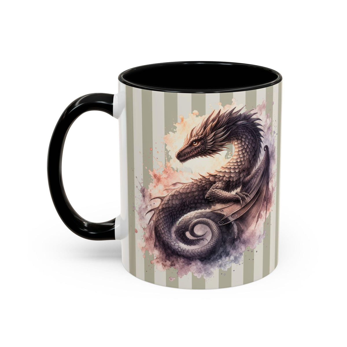 Unique dragon tea cup with watercolor illustration and neutral striped background, artistic gift