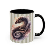 Unique dragon tea cup with watercolor illustration and neutral striped background, artistic gift