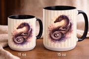 Unique dragon tea cup with watercolor illustration and neutral striped background, artistic 11oz 15oz gift