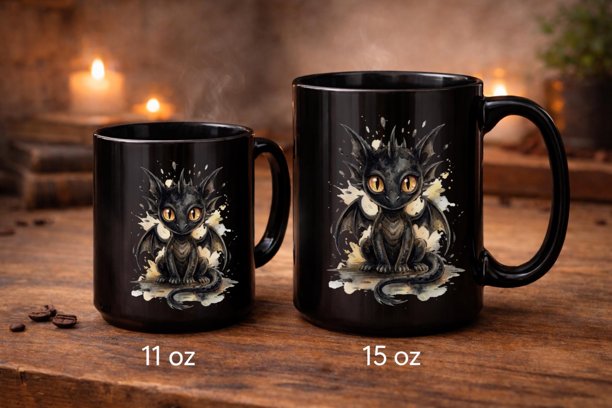 Black ceramic 11oz & 15oz mug featuring cute watercolor dragon with glowing eyes, styled on rustic wood table with candle, coffee beans, and cozy kitchen background