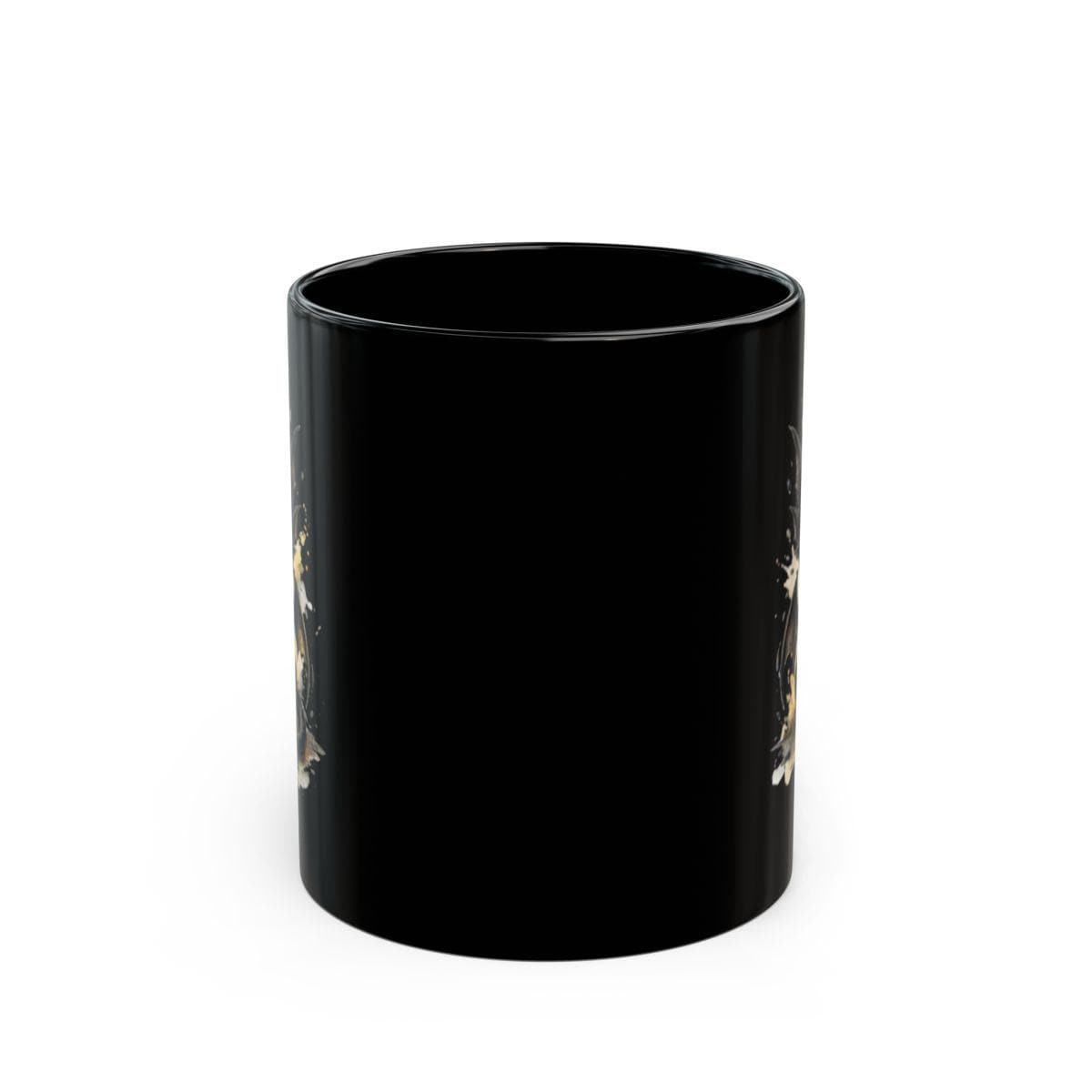 Black ceramic 11oz mug featuring the fornt of the mug with a cute watercolor dragon with glowing eyes, styled on rustic wood table with candle, coffee beans, and cozy kitchen background