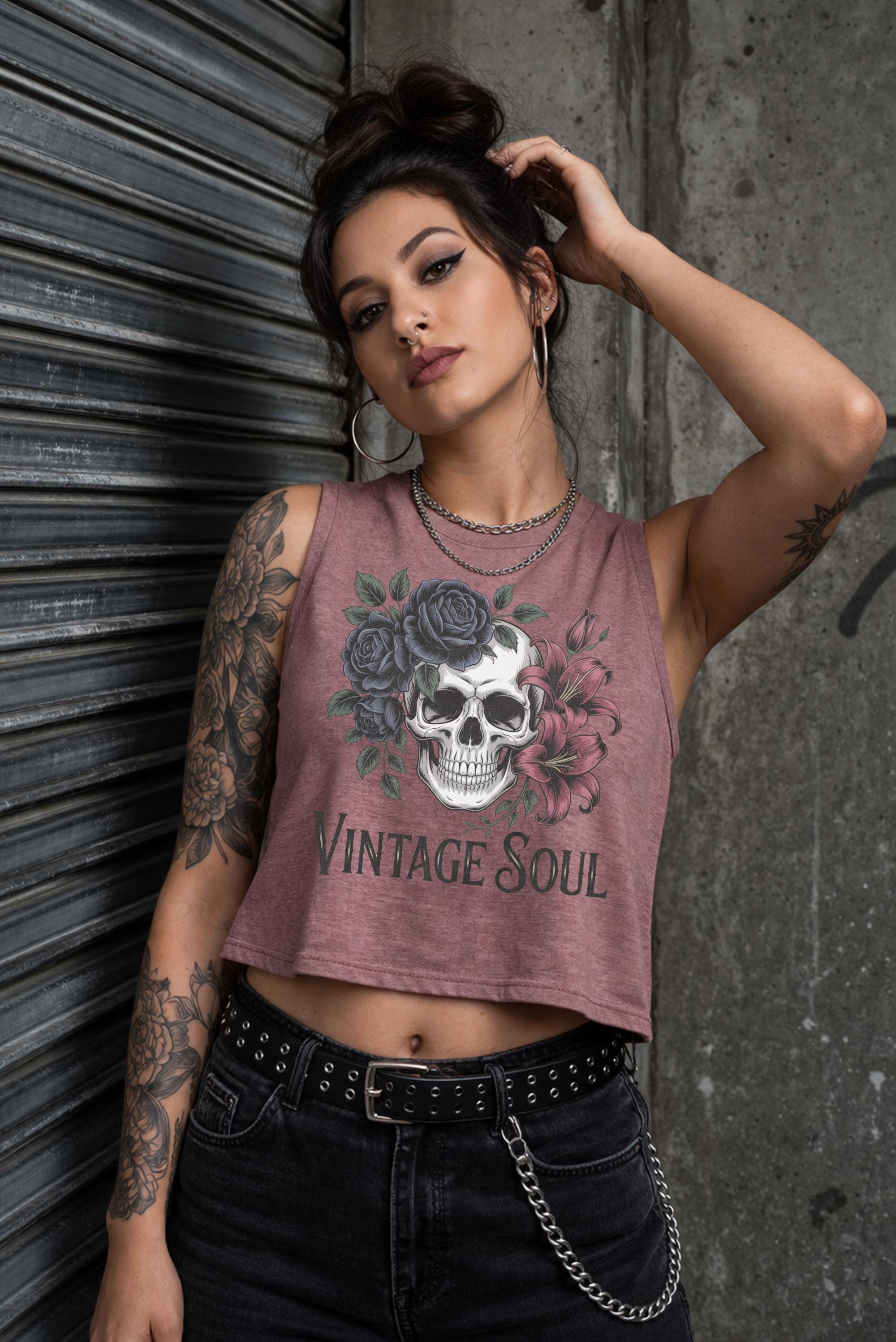 Bella Canvas 6682 women’s cropped tank top featuring vintage skull with roses graphic and “Vintage Soul” text, styled on model with edgy streetwear aesthetic