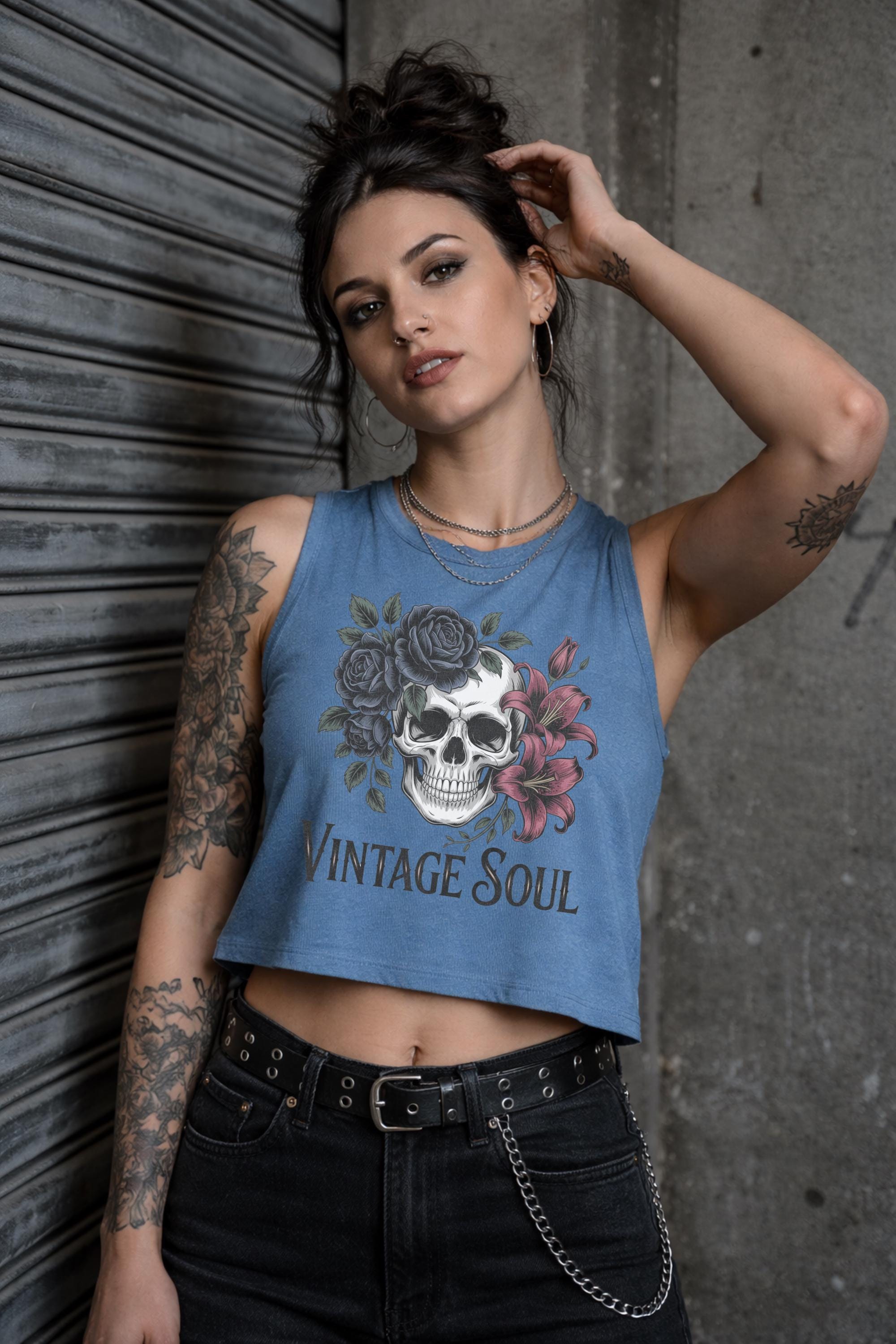 Bella Canvas 6682 women’s cropped tank top featuring vintage skull with roses graphic and “Vintage Soul” text, styled on model with edgy streetwear aesthetic
