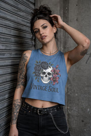 Bella Canvas 6682 women’s cropped tank top featuring vintage skull with roses graphic and “Vintage Soul” text, styled on model with edgy streetwear aesthetic