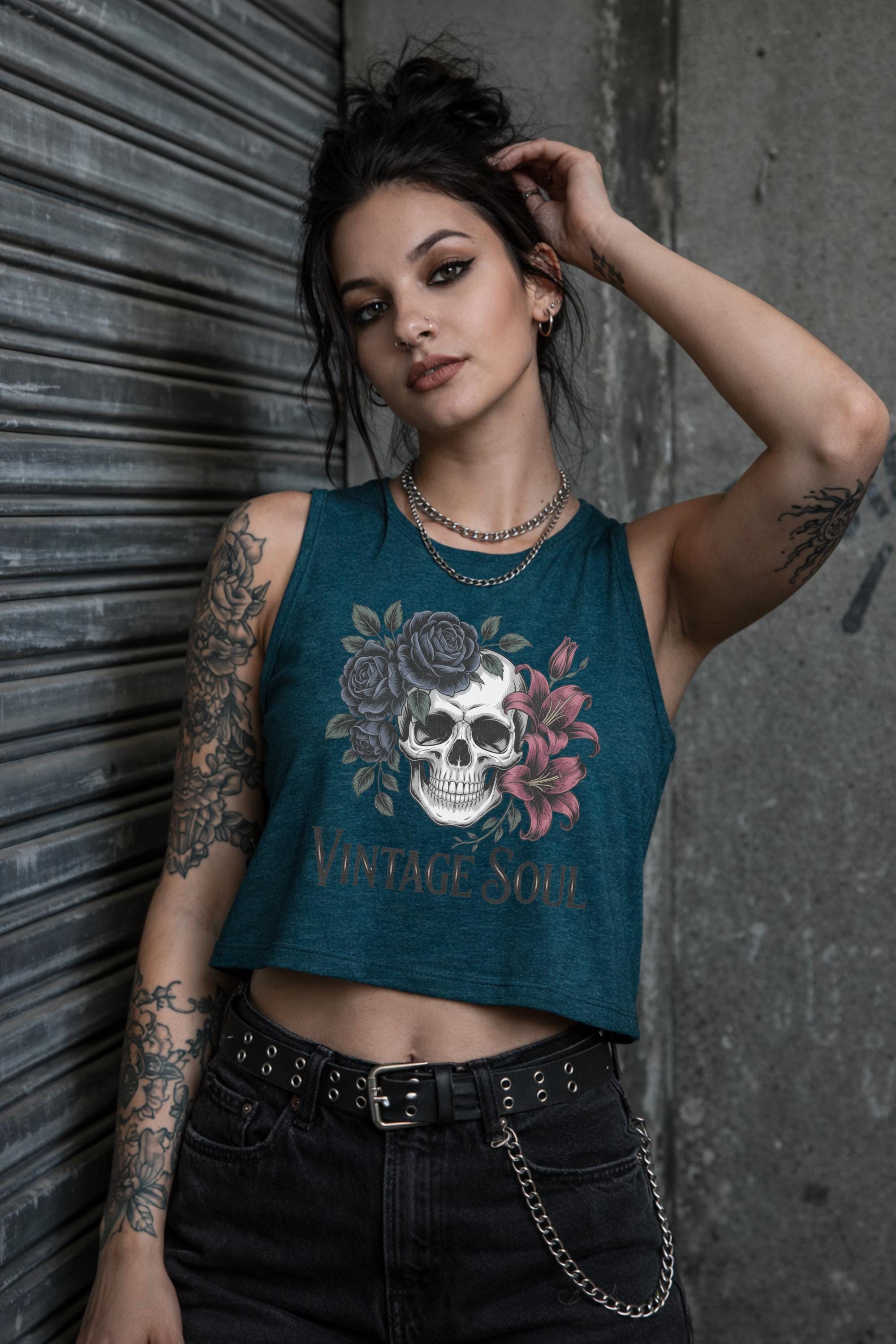 Bella Canvas 6682 women’s cropped tank top featuring vintage skull with roses graphic and “Vintage Soul” text, styled on model with edgy streetwear aesthetic