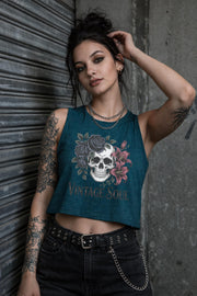 Bella Canvas 6682 women’s cropped tank top featuring vintage skull with roses graphic and “Vintage Soul” text, styled on model with edgy streetwear aesthetic