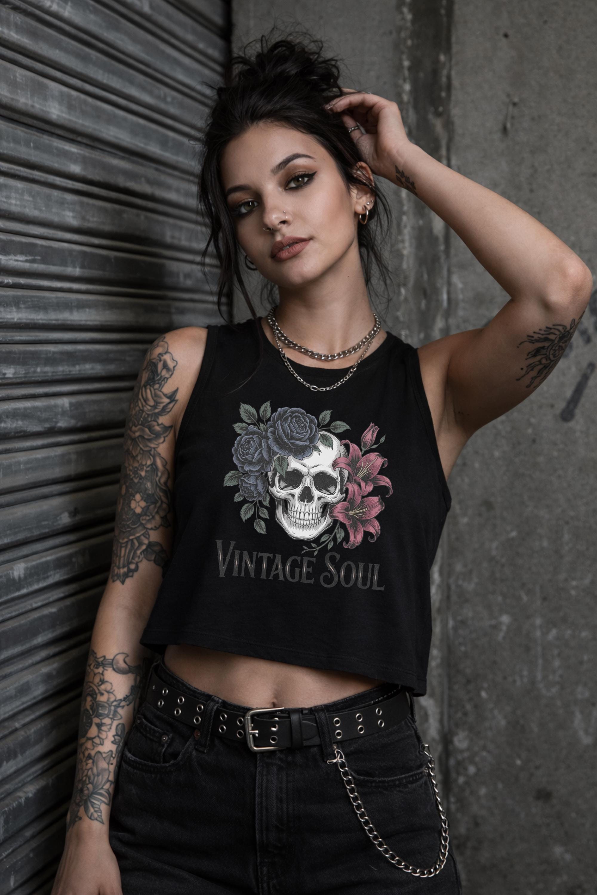 Bella Canvas 6682 women’s cropped tank top featuring vintage skull with roses graphic and “Vintage Soul” text, styled on model with edgy streetwear aesthetic