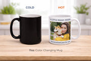 11oz color changing mug with personalized photo and “A Little Magic Inside” text, featuring black handle and custom image reveal design on ceramic cup