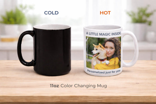 11oz color changing mug with personalized photo and “A Little Magic Inside” text, featuring black handle and custom image reveal design on ceramic cup
