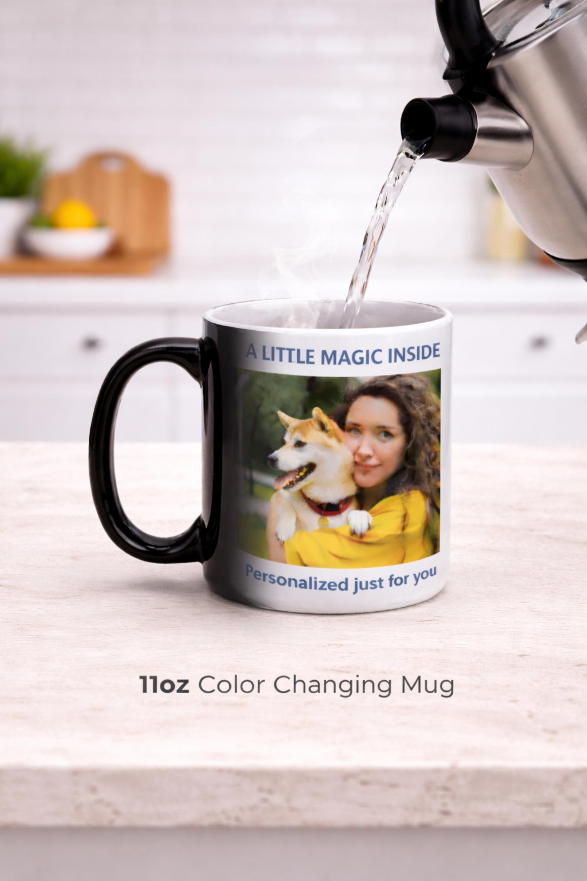 11oz color changing mug with personalized photo and “A Little Magic Inside” text, featuring black handle and custom image reveal design on ceramic cup